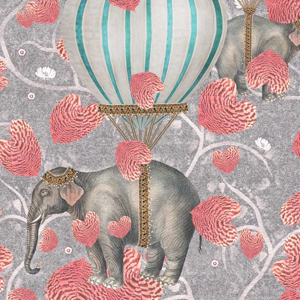 elephant, jungle, leaves, pink, branches, forest, hot air balloon, flying, sky, circus, wallpaper, deco, house, pattern, non-woven matt paper, printed ,motifs, interior design