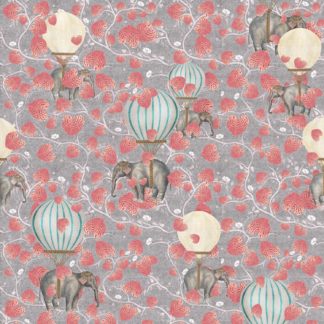 elephant, jungle, leaves, pink, branches, forest, hot air balloon, flying, sky, circus, wallpaper, deco, house, pattern, non-woven matt paper, printed ,motifs, interior design