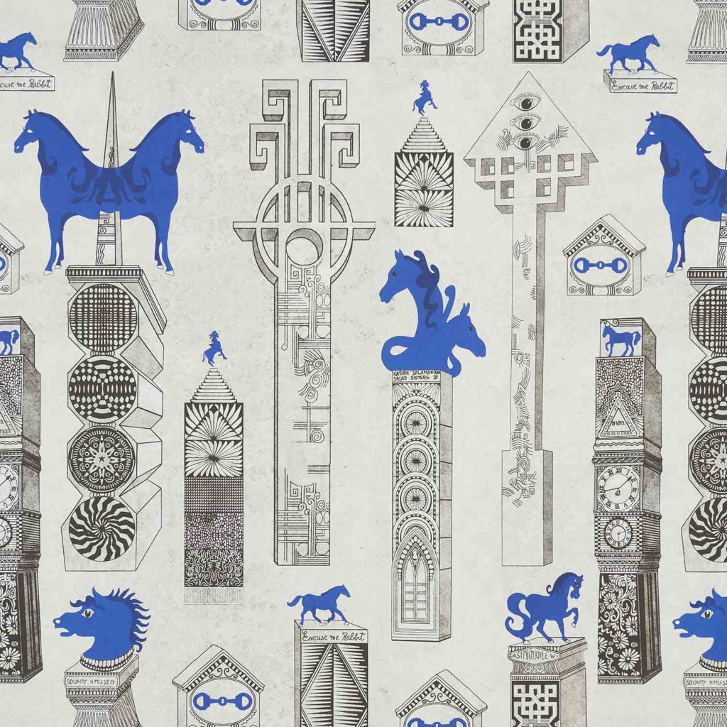 horses columns wallpaper blue sketches