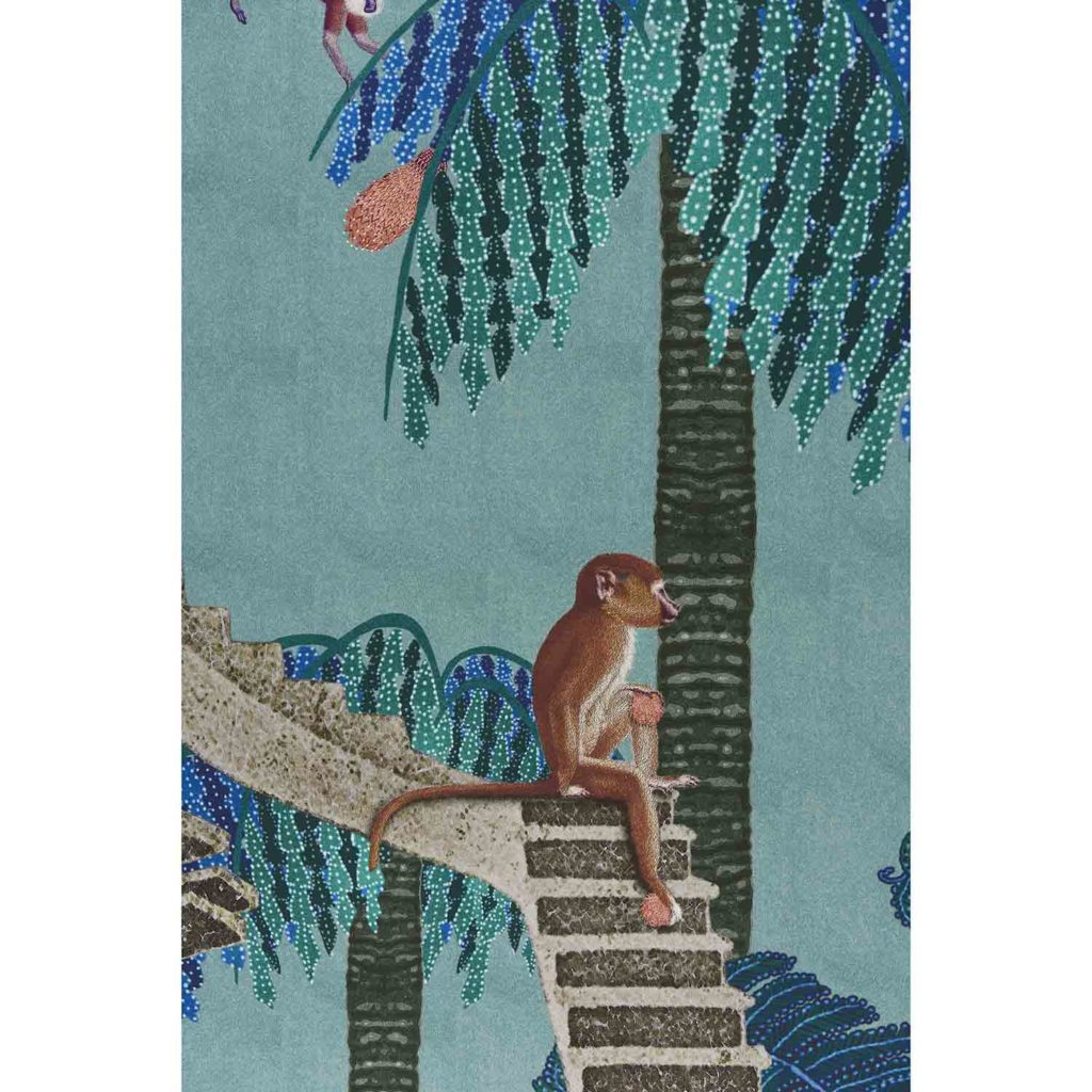 monkey city fruit aztec palm tree jungle wallpaper blue green brown animals