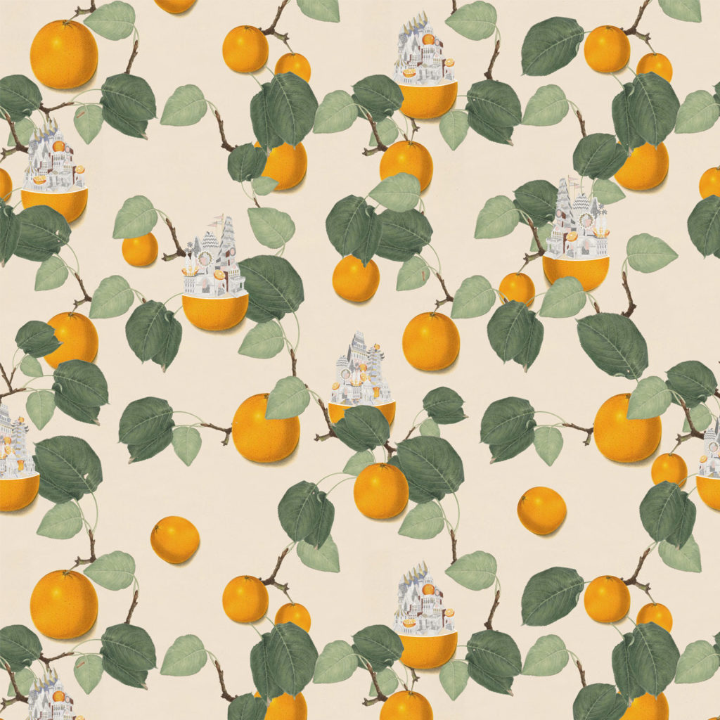 Oranges, leaves, cities, mini, wallpaper, deco, house, botanical, illustration,geometric, pedro friedeberg, non-woven matt paper, illustration, deco, house, interior design,graphic