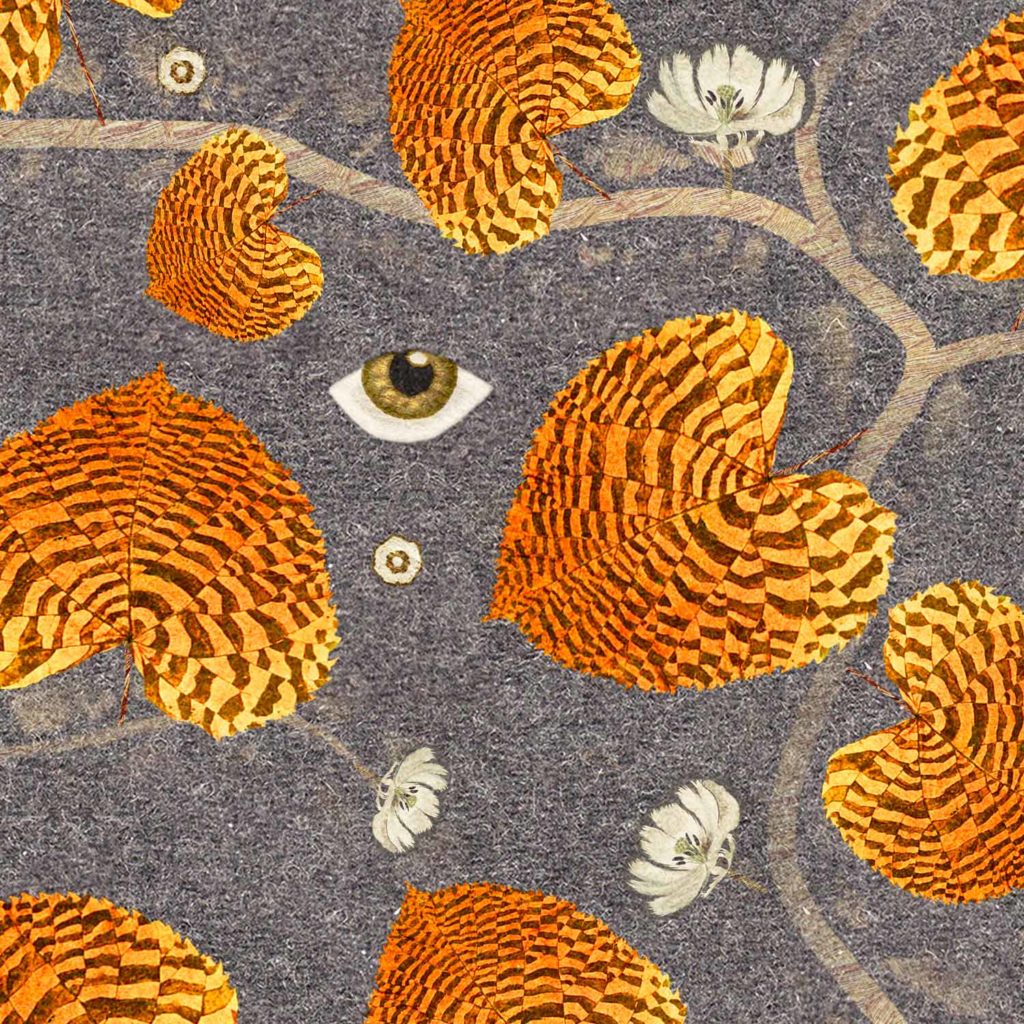 Tiger, leaves, branches, eyes, orange, grey, wallpaper, deco, house,surrealist, non-woven matt paper, interior design, pattern, motifs, forest